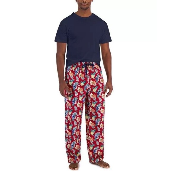 CLUB ROOM Mens Sleepwear Large Blue Crew Red Floral Tropical Pajama Set PJs - Picture 1 of 5